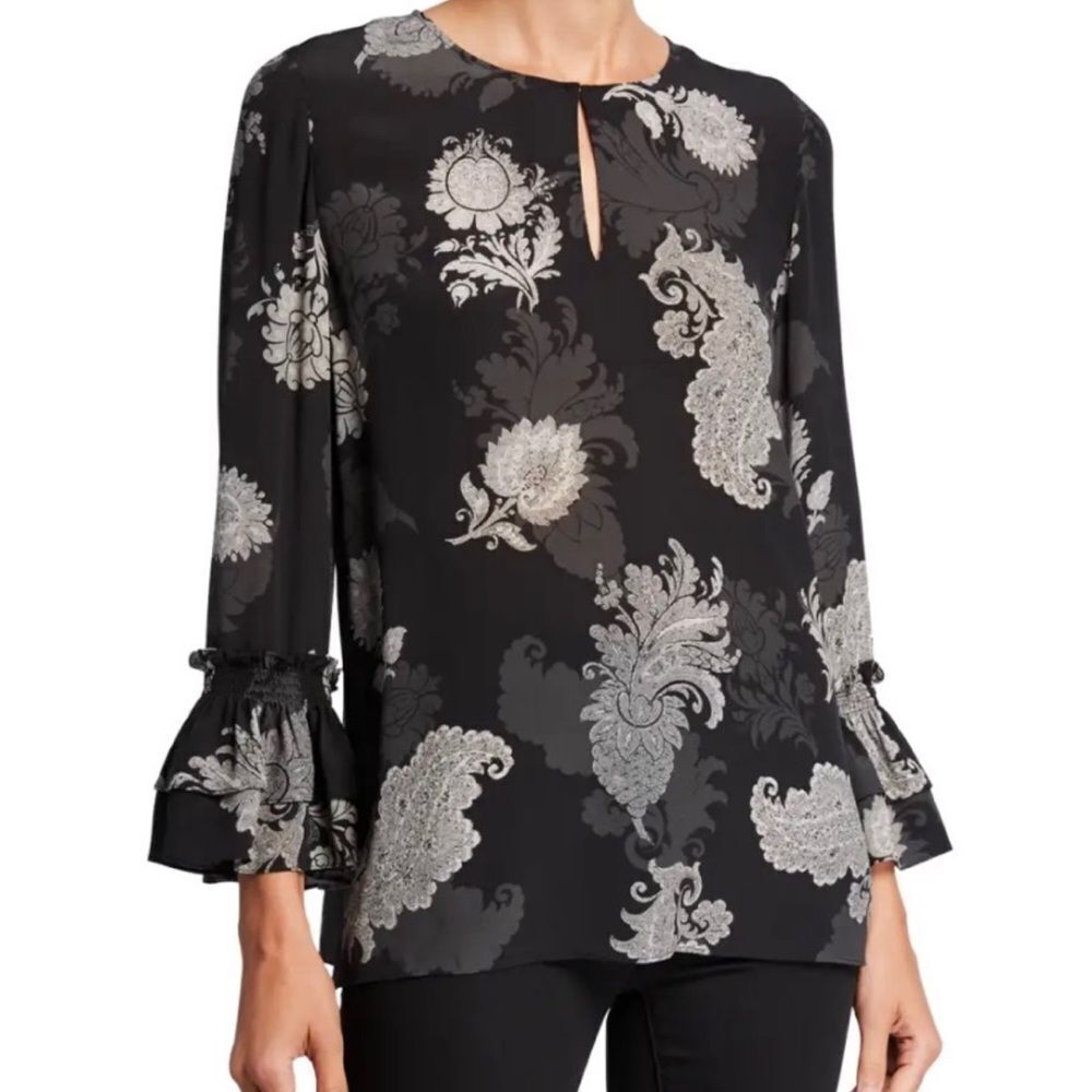 KOBI HALPERIN 100% silk Black and Gray Women's floral Top, XS